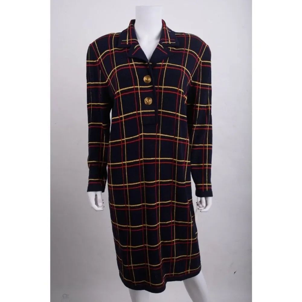 Vintage Jennifer Roberts Louis Marino Sweater Dress Size 10 Navy blue Plaid NWT